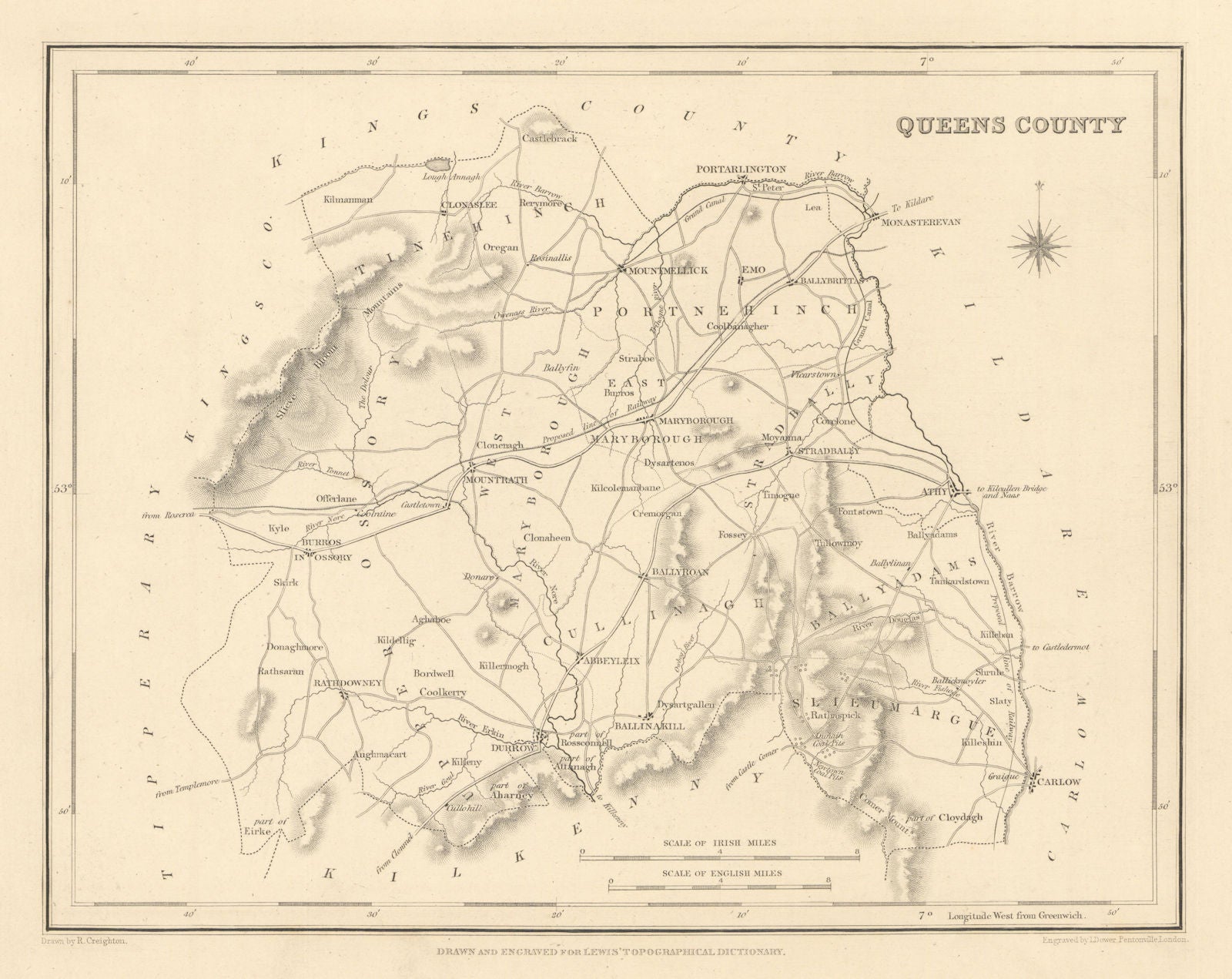 QUEENS COUNTY (LAOIS) antique map for LEWIS - CREIGHTON & DOWER - Ireland 1837